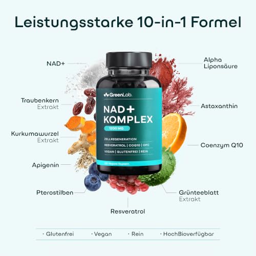 Green Lab NAD+ Komplex 1200 mg – Extra Starkes Liposomal NMN-Alternative Supplement mit Resveratrol, CoQ10, Alpha-Liponsäure, Astaxanthin – Für Frauen & Männer – Energie, Zellschutz & Anti-Aging