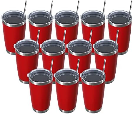 MUCHENGHY 20oz Stainless Steel Tumbler with Lid and Straw, Double Wall Vacuum Insulated Travel Coffee Mug, Powder Coated Thermal Cup for Cold & Hot Drinks(Red, 12 Pack)