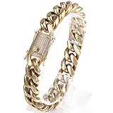 PY BLING Heavy Stainless Steel Miami Cuban Link Bracelet 8mm-16mm 14k Real Golden Plated with Lab Di
