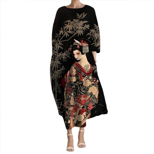 YABTF Japanese Painting Dresses for Women Boho Summer Casual 3/4 Sleeve Midi Dress Womens Vintage Loose Fit Crew Neck Dress with Pockets Painting Print 01 S