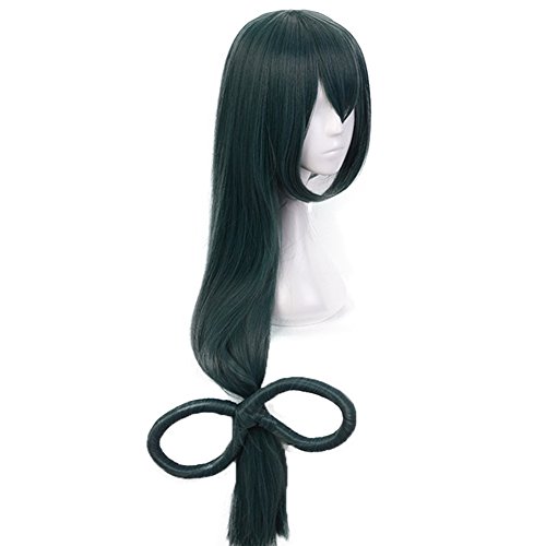 Anogol Hair Cap+Anime Cosplay Wig Dark Green Long Straight Synthetic Hair With Bow Wigs, Long Green Wig For Anime Cosplay Women, Colored Wigs Pelucas De Colores For Halloween Costume Party #TOP1