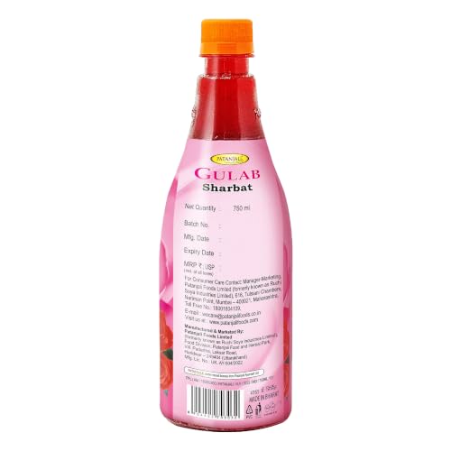 Image of Patanjali Gulab Sharbat, Instant Summer Cooler Drink, Refreshing Taste, 100% Natural Rose Flavor - 750 Ml