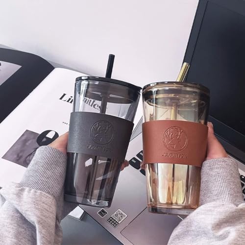 Image of Coffee Glass Sipper Mug with Straw & Lid | Brown Iced Tea Tumbler with Leather Sleeve | Reusable Hot & Cold Beverage Cup | Stylish Drinkware for Home, Travel - Pack of 2(Brown Leather)
