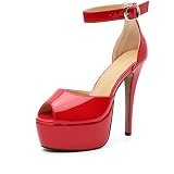 LIURUIJIA Platform Heels for Women Peep Toe Stiletto High Heeled Sandals 5.5 Inch Sexy Ankle Strap Party Club Pageant Pumps Red 41 US 9