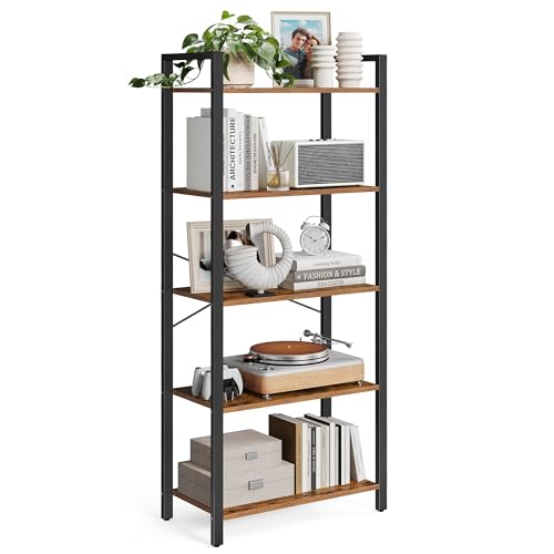 VASAGLE 5-Tier Bookshelf, Bookcase, Shelving Unit, for Office, Study, Living Room, Bedroom, 30 x 66 x 153 cm, Industrial, Rustic Brown and Ink Black LLS061B01