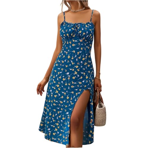 FUPODD Spaghettiträger-Kleid Damen Korsett Geblümt Trägerkleid Sommer Midi Mit Schlitz Sommerkleid Lang Elegant Blumen Boho Sommerkleider Frauen...