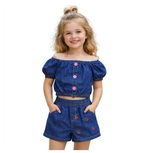 Conjunto Infantil Jeans, Top Cropped com Botões e Short com Estrelas, Roupa de Verão para Menina Aniversário Festa (Azul Escuro, 2 ANOS (P))