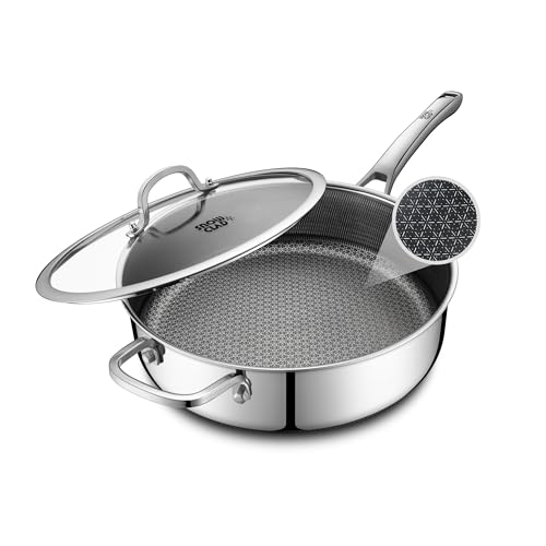 SNOWCLAD Frying Pans Nonstick with Lid,Hybrid Non Stick 5 Quart Saute pan,PFOA Free Cookware,Stainless Steel skillet,12 inch Deep Saute Pan,Dishwasher&Oven Safe,Works on All Cooktops by SNOWCLAD - Used condition - US$44.99