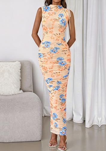 Image of PRETTYGARDEN Women's Summer Maxi Dresses Ruched Bodycon Split Long Dress | Mock Neck, Sleveless, Floral Mesh Dress, Cocktails Dress for Wedding Guest, Party, Summer Outfits 2026