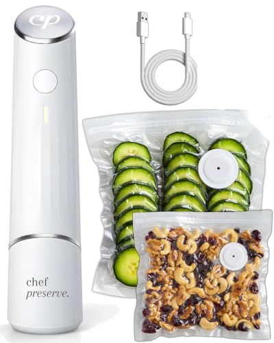 Chef Preserve Compact Vacuum Sealer for Food (Vacuum Sealer Machine + 30 Reusable Vacuum Bags) Powerful Handheld Vacuum Sealer Machine, Seal Meal Saver, Portable Food Sealer