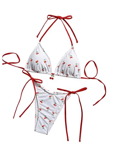WDIRARA Womens 2 Piece Swimsuit Cherry Print Bikini Set Halter Triangle Bikini Side Tie String Bathing Suits White Red Large