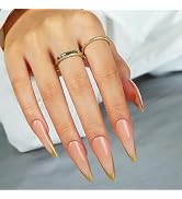 Gold French Tips Press on Nails Long Stiletto French Tips Stick on Nails Gold French Tips Acrylic...