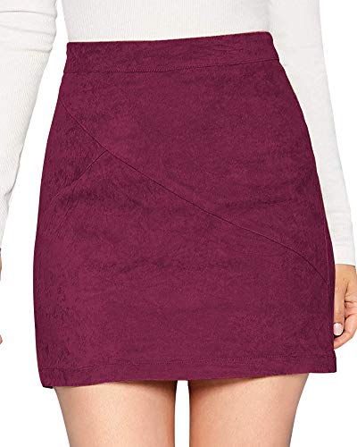 Image of MANGOPOP Women's Basic Faux Suede High Waist A-line Mini Pencil Bodycon Skirt (Wine Red, X-Large)