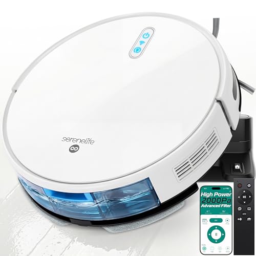SereneLife Smart Robot Vacuum Cleaner and Mop Combo, Pro Edition with Upgraded Battery, Extreme Suction, Internal Water Tank - App Control, Ideal for Pet Hair, Carpet and Hard Floors, White