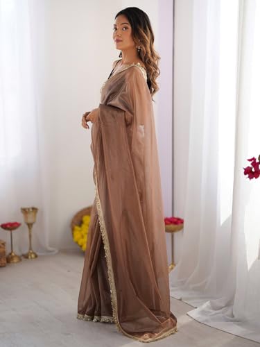 Image of AKHILAM Women's Shimmer Net Solid Saree With Unstitched Blouse Piece