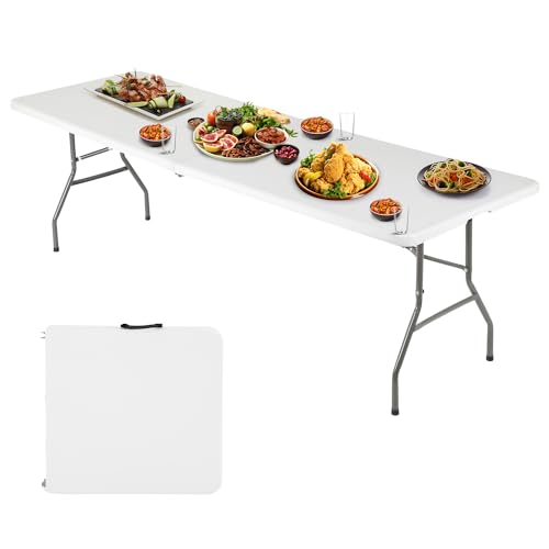 FDW 6FT Folding Table, Portable Fold-in-Half Plastic Picnic Party Table with Carrying Handle (White, 6FT)