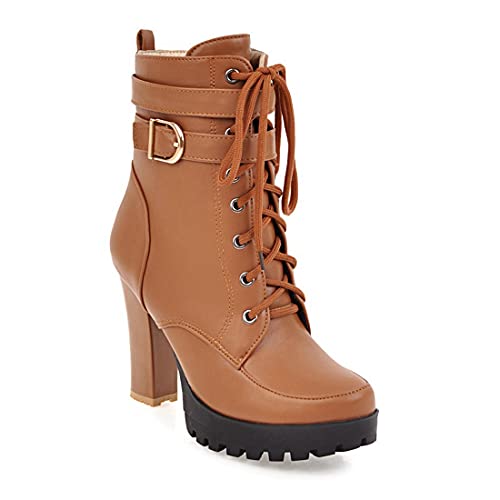 VOKLIN Women's Lace Up Platform High Heels Dress Ankle Boots Round Toe Buckle Zipper Dressy Short Booties