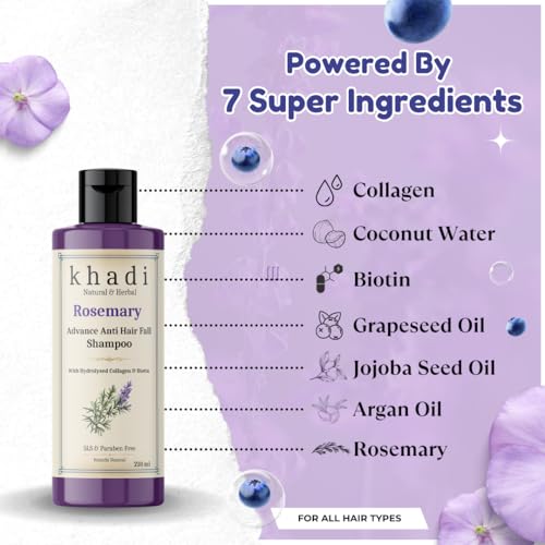 Image of Khadi Advance Anti Hair Fall Shampoo with Rosemary, Hydrolysed Collagen & Biotin | Khadi Natural Shampoo for Women & Men | Sulfate, SLS & Paraben Free 210 ml