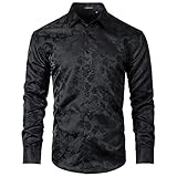 Enlision Black Silk Shirts for Men Rose Printed Button Down Long Sleeve Shirts Shiny Satin Regular Fit Dress Shirts for Wedding Party Prom Tuxedo
