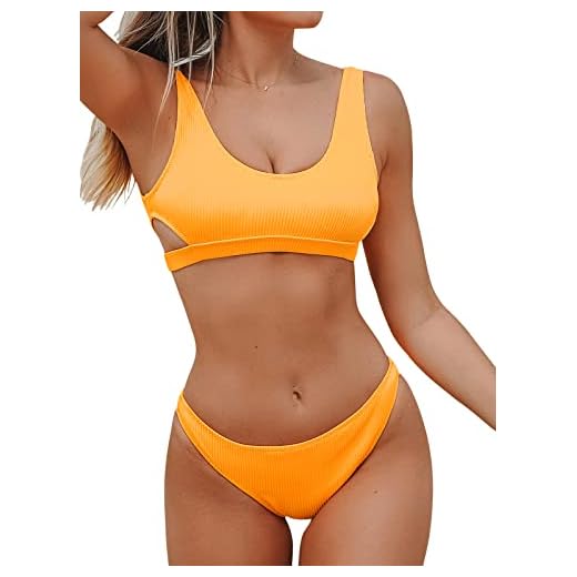 CUPSHE Damen Bikini Set U Ausschnitt Rückenfrei Bandeau Bikini Gerippte Bademode Cut-Out Zweiteiliger Badeanzug Gelb M