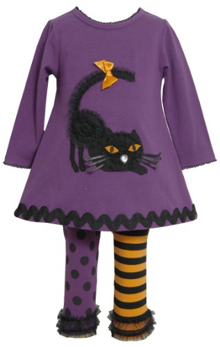 Bonnie Jean Girls Halloween Cat Fall Dress Outfit Set w/Leggings, Purple, 12M - 24M