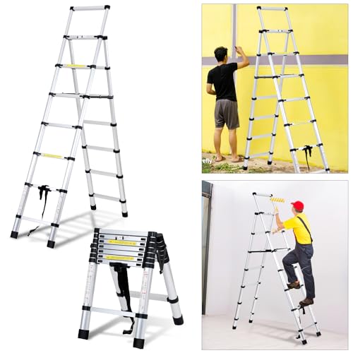 Eulenke Teleskopleiter 2.0m+2.3m Aluminium Trittleiter 6+7 Stufen Tragbare rutschfeste Klappleiter, 150 kg Belastbarkeit Stehleiter, Aluleiter für Drinnen, Draußen, Mehrzweckleiter, Haushaltsleiter
