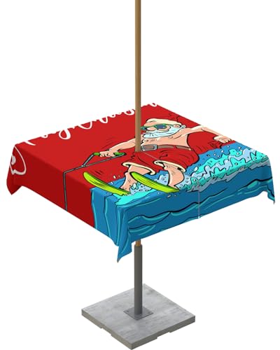 Surf Santa Outdoor Tablecloths with Umbrella Hole and Zipper, Summer Beach Christmas Nautical Red Waterproof/Stain Resistant Square Table Cloth 60x60 Patio Table Cover for Picnic/Party Baby Shower