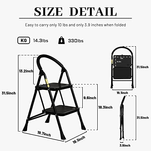 XinSunho 2 Step Ladder Small Folding Step Stool with Handgrip, Portable Stool Ladders with Non-Slip Wide Pedal, Household Ladder for Adults 330lbs Capacity, 2 Steps