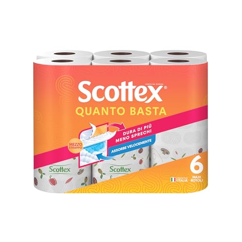 Scottex Quanto Basta, Carta Cucina, Opzione Mezzo Strappo, Con Carta certificata FSC, Confezione da 6 Maxi Rotoli