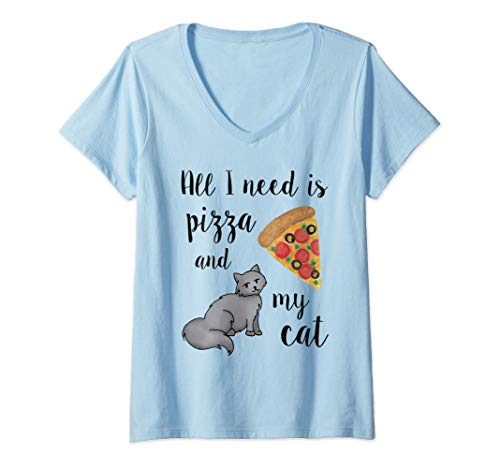 Womens All I Need is Pizza and my Cat Cute Funny Pet Cats Lover V-Neck T-Shirt