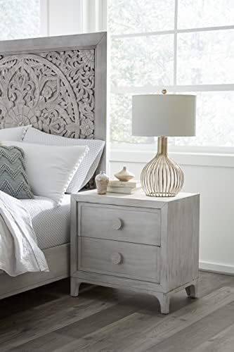 Modus Furniture Solid Wood Nightstand, 2-Drawer with Charging Station, Boho Chic - Washed White