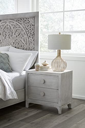Modus Furniture Solid Wood Nightstand, 2-Drawer With Charging Station, Boho Chic - Washed White #TOP1