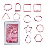 Set of 12 clay cookie cutters with geometric shapes, including a star, square, triangle, oval, circle, window, and more, for cutting fruits, dough, fondant, and pastries for all types of craft uses.