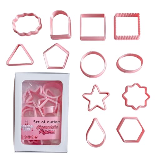 Set of 12 clay cookie cutters with geometric shapes, including a star, square, triangle, oval, circle, window, and more, for cutting fruits, dough, fondant, and pastries for all types of craft uses.