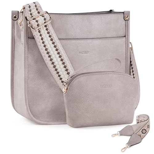 HKCLUF Crossbody Bag Purse for Women 2PCS/Set Leather Hobo Handbag Wallet Set With 2Adjustable Guitar Strap Shoulder Bag, A19-light Grey