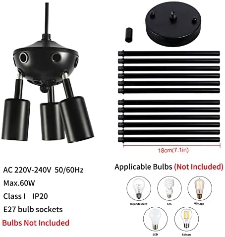 JHLBYL Modern Black Sputnik Ceiling Lights, Industrial Vintage Chandelier with E27 Base, 3-Lights Semi Flush Mount Ceiling Light for Bedroom Lights, Kitchen Lights, Hallway Lighting