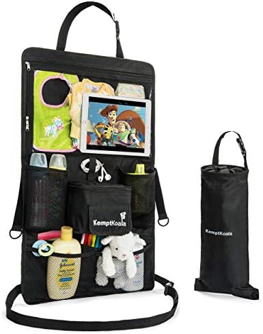 KemptKoala Ultimate Car Backseat Organizer w/Touch Screen Friendly 17” Tablet Pocket & Cup Holder – #1 Guaranteed Back Seat Car Organizer for Kids w/Handy Pockets for Wipes, Toys etc. Size: Large