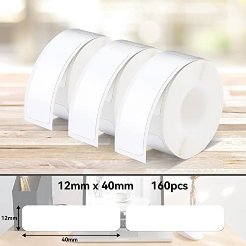 Pristar P15 Labels, 3 Rollen 12 mm * 40 mm Selbstklebendes Thermoband Etiketten, Kompatibel mit P15 Etikettendrucker, Geeignet für Zuhause, Büro, Schule, Lagerorganisation, Weiß, 160 Etiketten/Rolle