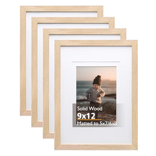 KINLINK 9x12 Picture Frames Natural, Solid Wood Frames with Acrylic Plexiglass for Pictures 5x7/6x8 with Mat or 9x12 without Mat, Tabletop and Wall Mounting Display, Set of 4