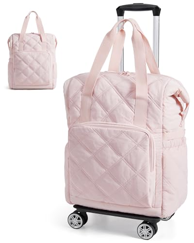 BAGSMART Rolling Duffle Bag with Wheels, 35L Carry on Travel Bag with Detachable Wheels, PVC Wet Pocket Duffel bag with Wheels, Baby Pink