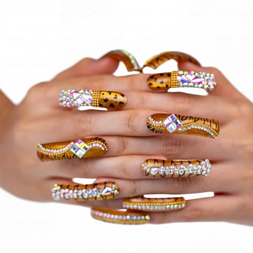 IntoVibes Leopard Cat Eye Rhinestone Press On Nails Handmade Curved Down Groove Design, Gold Metallic Long Nails with 3D AB Crystals, Heavy Detail Luxury Fake Nail Tips, Square Acrylic Nails (S) — view 4