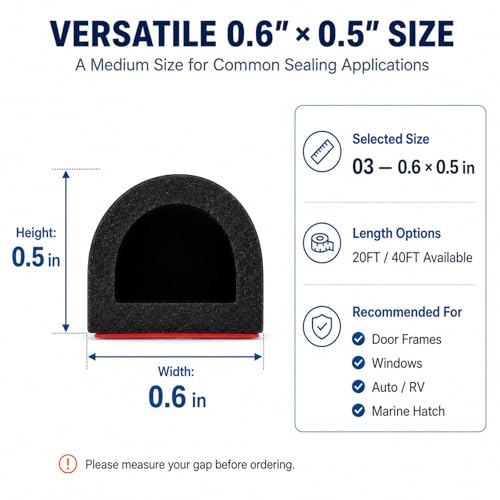 Image of Silicone Weather Stripping Door Seal, 40FT Self Adhesive D-Shaped Weather Strip, 0.6 inch W x 0.5 inch H Rubber Seal Strip for Door Frame, Window, Furniture Edge, Auto Door and Medium Gap Seal, Black