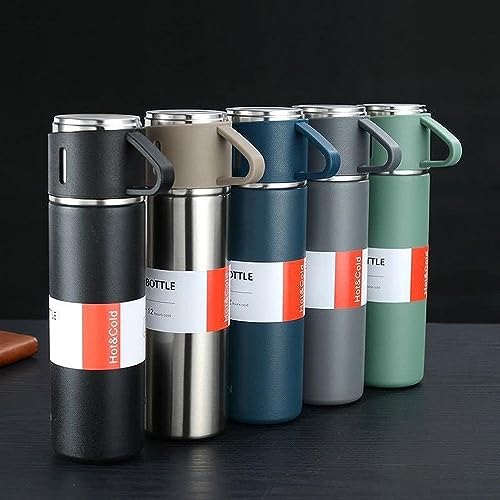 Image of Steel Vacuum Flask Set with Stainless Steel Cups Combo 500ml Keeps HOT Cold Ideal Gift for Winter Housewarming Random Color