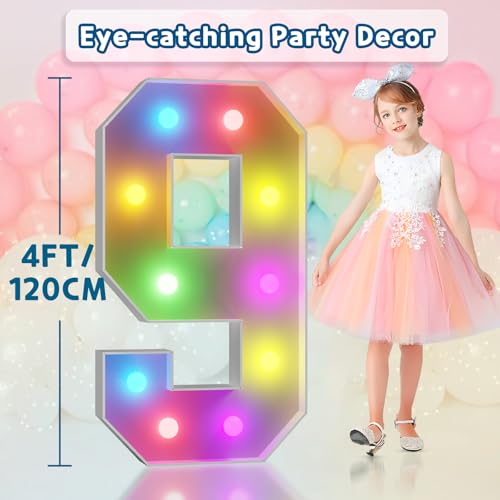 Image of Colorful 4FT Marquee Numbers 9, 18 Colors Large Light up Numbers | RGB with Remote, Birthday Party Decorations Anniversary Wedding Decorations Assembly Required 22 Pcs Accessory Set