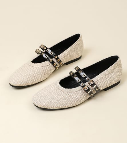 Image of Mesh Ballet Flats Shoes for Women Comfortable Studded Mary Jane Shoes Ballerina Buckle Strap Business Office Work Dress Shoes