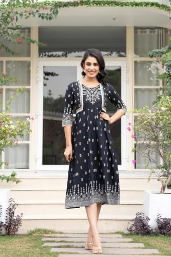 Image of Juniper Black Floral Printed Cotton Dress with Thread Work