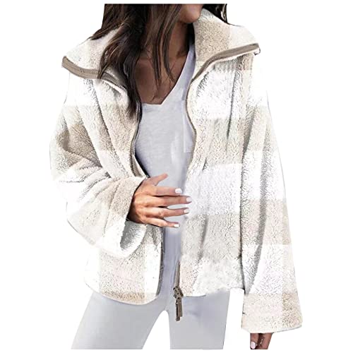 Ladigasu Women's Casual Button/Zip Front Shearling Shaggy Fleece Plaid Long Sleeve Shirts Shacket Cardigan Coat Pockets #TOP7