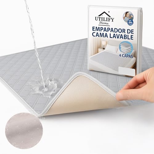 Utilify Empapador Impermeable Reutilizable 120x80 cm | Protector de Cama y Colchón Lavable Antideslizante | 4 Capas de Alta Absorción | para Adultos, Bebés y Mascotas | Gris Claro | hasta 300 Lavados