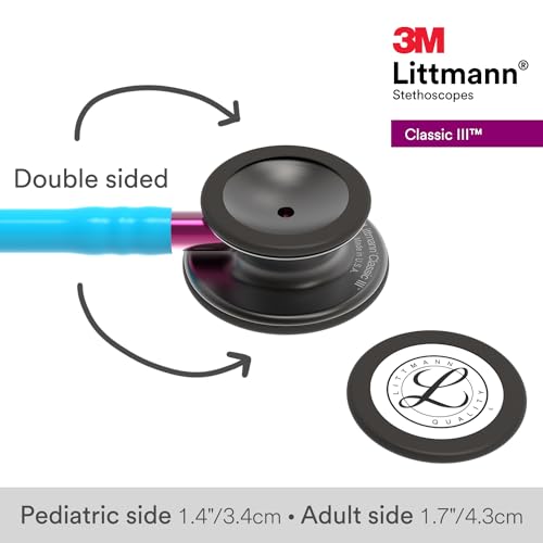 Image of 3M Littmann Classic III Monitoring Stethoscope, 5872, More Than 2X as Loud, Weighs Less, Stainless Steel Smoke-Finish Chestpiece, 27 inch Turquoise Tube, Pink Stem, and Smoke Headset, (Pack of 3)