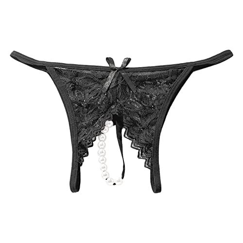 Damen String Tanga Ouvert Slip mit Perlen Sexy Tanga Offen Strings Unterwäsche Lace Lingerie Reizwäsche Unterhose Thong Weich Frauen Reizwäsche Atmungsaktiv Panties Stringtangas Ouvert (Black, XL)